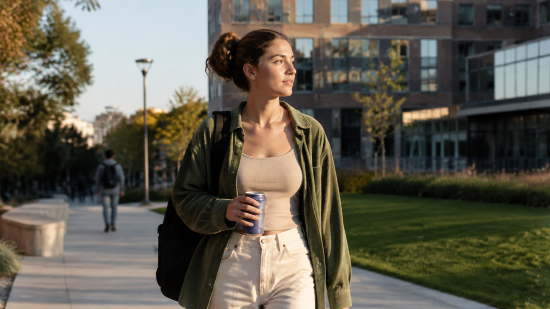A college student walking across campus at golden hour with a backpack and sparkling water, looking calm and steady.