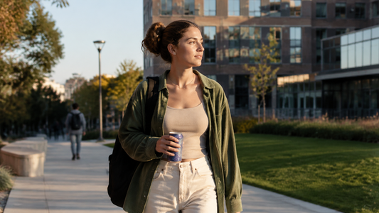 A college student walking across campus at golden hour with a backpack and sparkling water, looking calm and steady.