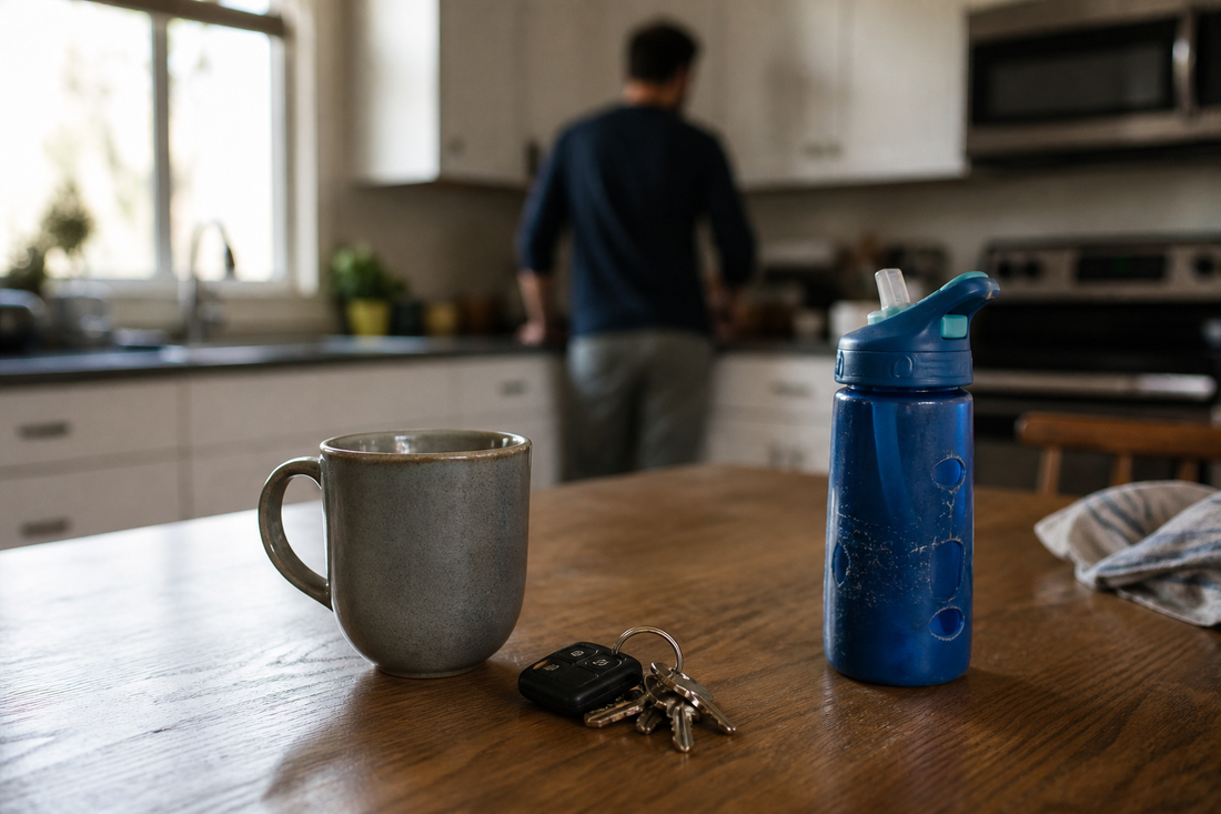 An early-morning kitchen table with coffee, keys, and a child water bottle in soft window light while an adult stands quietly in the background.