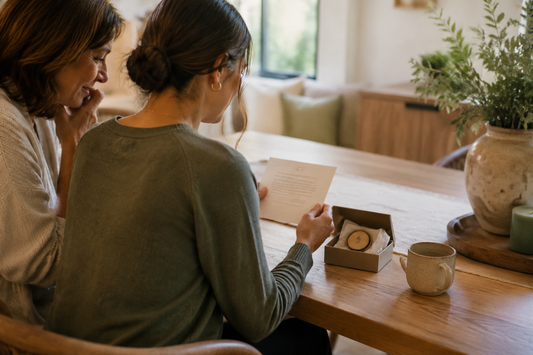 An adult daughter opening a private two-year milestone card and keepsake with a parent at a warm table