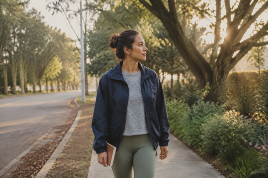 An adult walking outdoors in soft morning light with a small journal in hand, suggesting steady long-term recovery without dramatic transformation imagery.