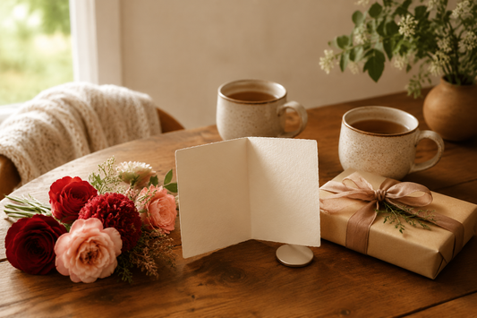 A private Valentine’s gift scene with flowers, two mugs, a blank card, gift box and understated keepsake