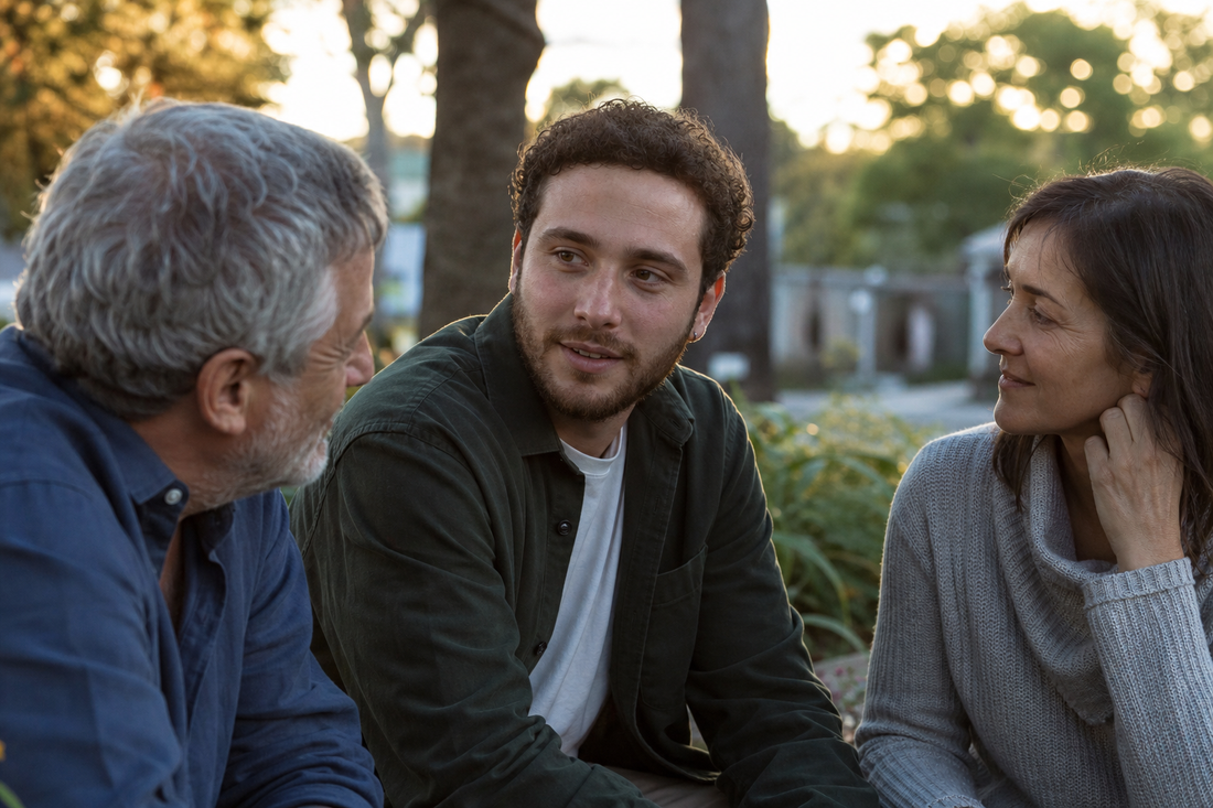 Three adults of different ages talking together outdoors in warm evening light, suggesting long-term recovery across different life stages.