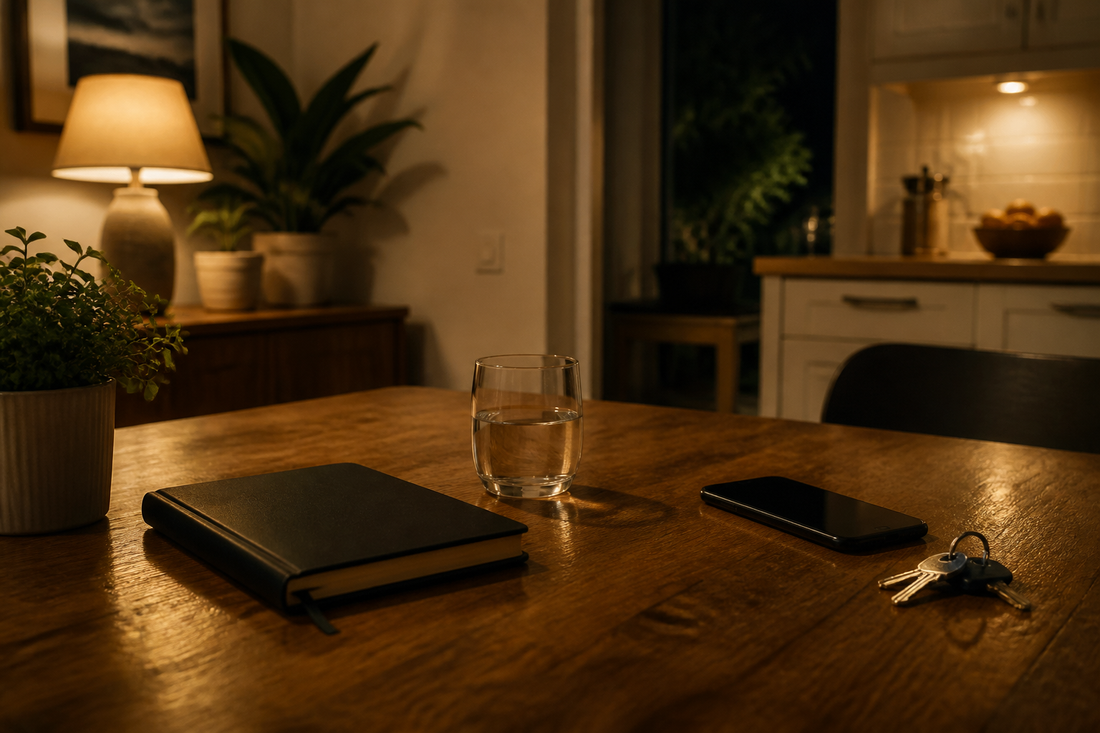 A quiet kitchen table at night with a notebook, water glass, phone, and keys arranged in warm lamplight, suggesting a pause before the next safe decision.