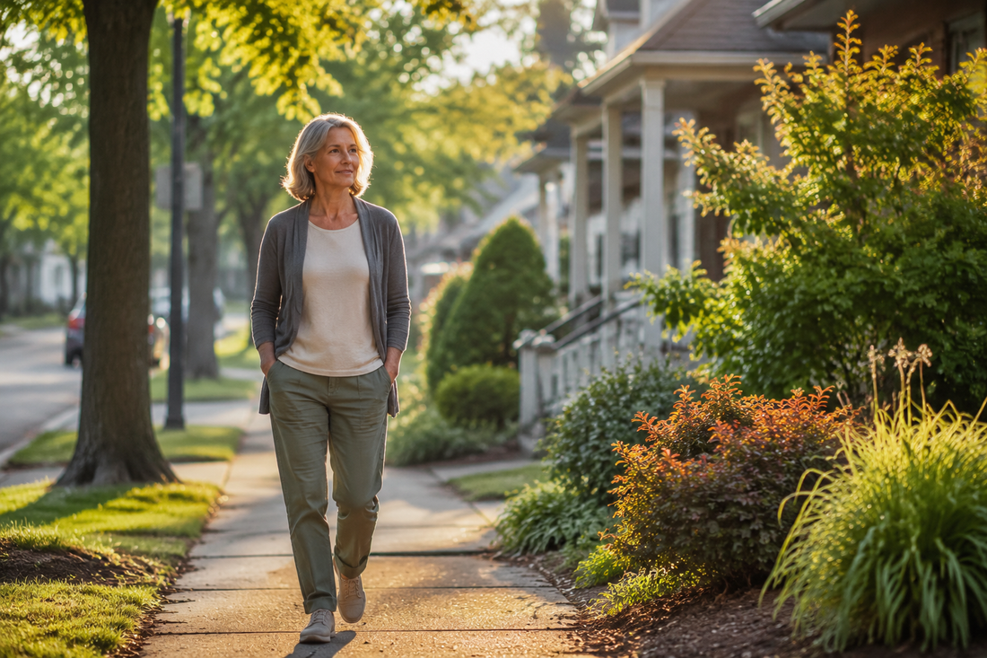 An adult walking a quiet neighborhood path in warm morning light, showing long-term sobriety as grounded and ordinary daily life.