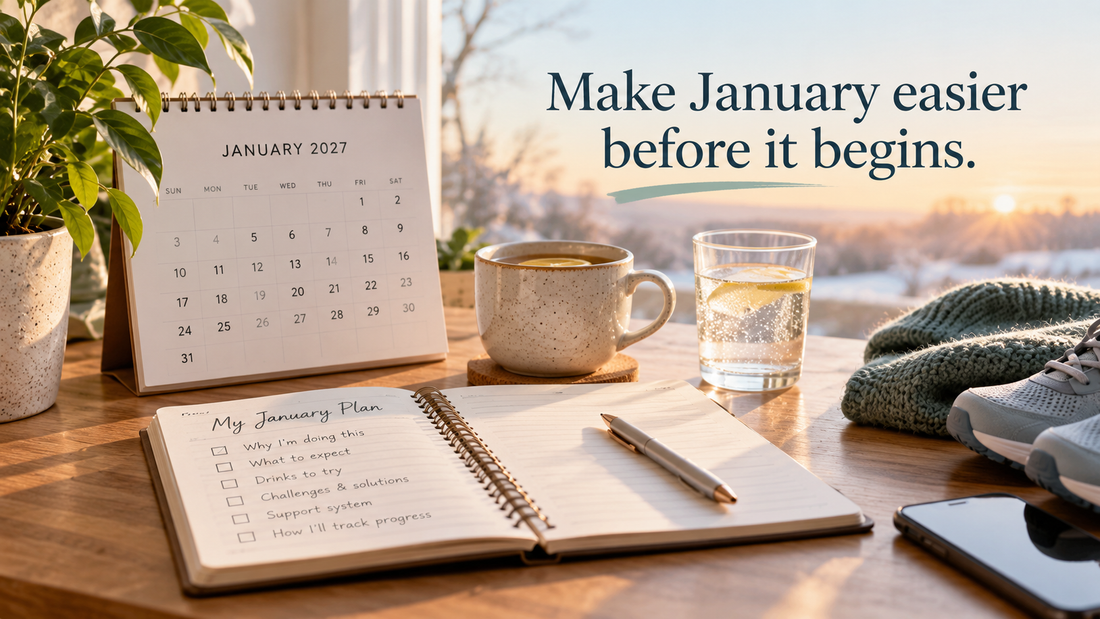 Dry January 2027 preparation plan with a January calendar, notebook, tea, sparkling water and walking shoes