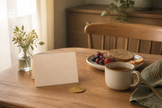 A supportive card and recovery milestone coin on a quiet breakfast table
