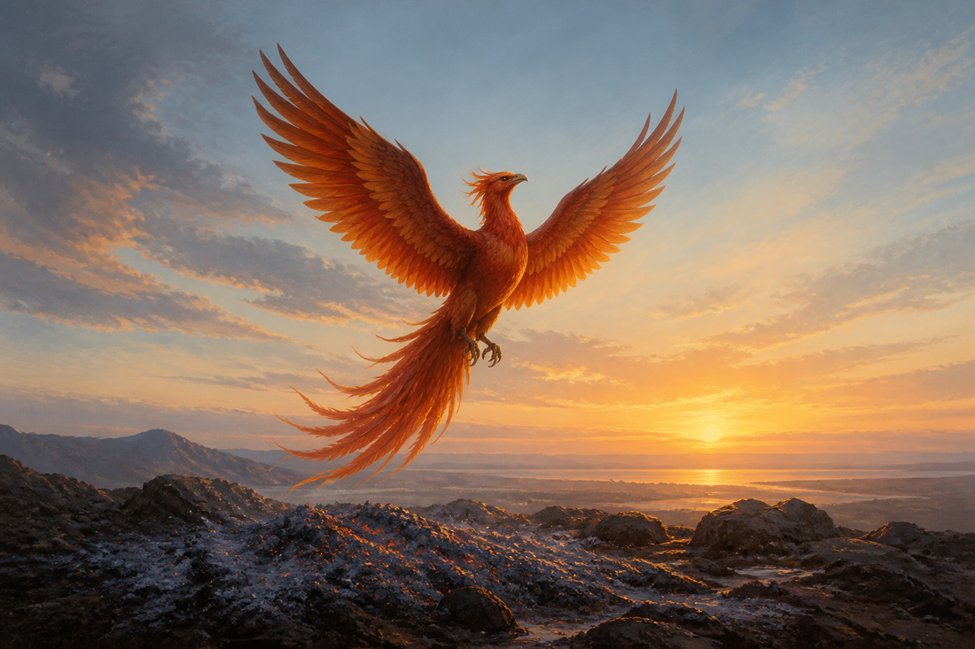 A phoenix rising through warm light as a symbol of renewal and courage in recovery