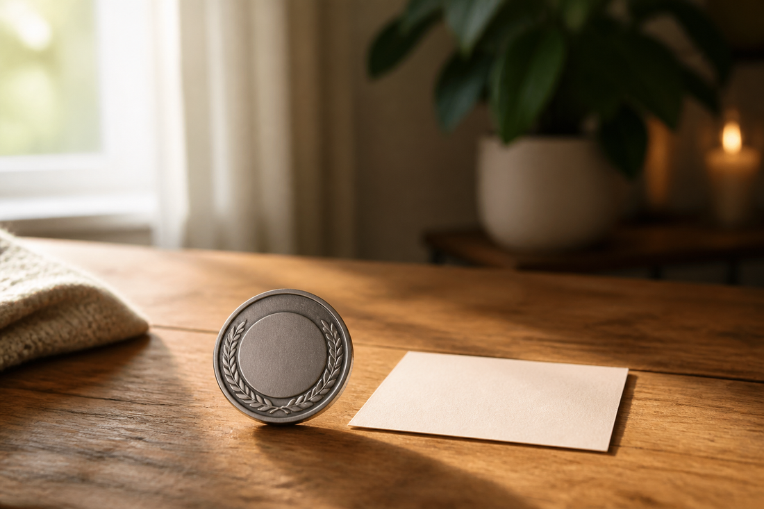 A simple sobriety coin and blank message card on a warm wooden table