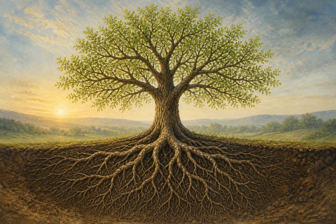 A Tree of Life with deep roots and new leaves symbolizing growth and resilience in recovery