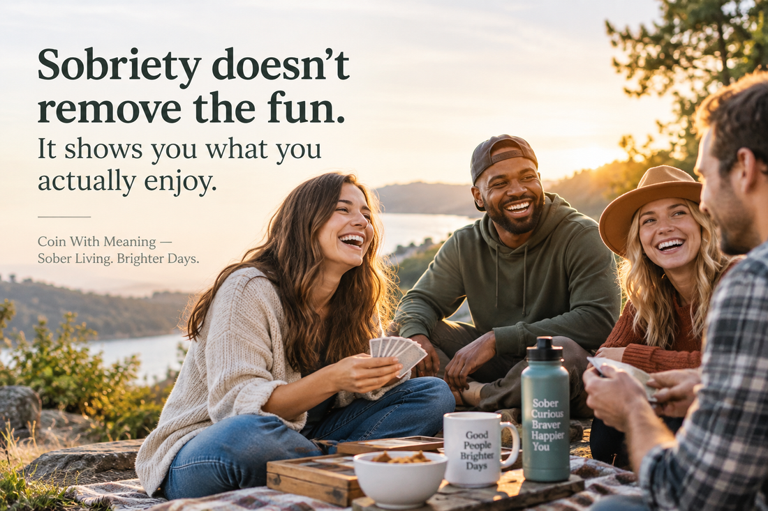 Sobriety does not remove the fun — sober friends laughing outdoors while rediscovering what they genuinely enjoy.