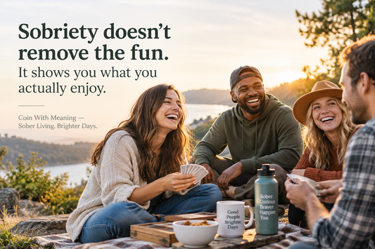 Sobriety does not remove the fun — sober friends laughing outdoors while rediscovering what they genuinely enjoy.
