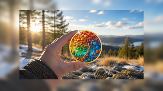 A wide outdoor banner image showing a colorful Tree of Life sobriety coin held in hand with extra space for a shallow article header crop