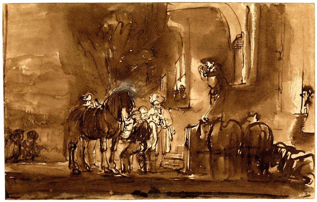 A wide biblical illustration of the Good Samaritan arriving at the inn with the wounded traveler.