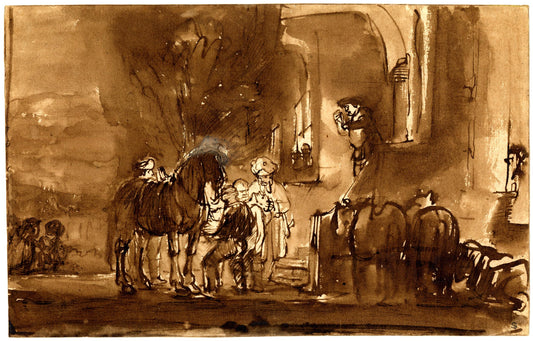 A wide biblical illustration of the Good Samaritan arriving at the inn with the wounded traveler.
