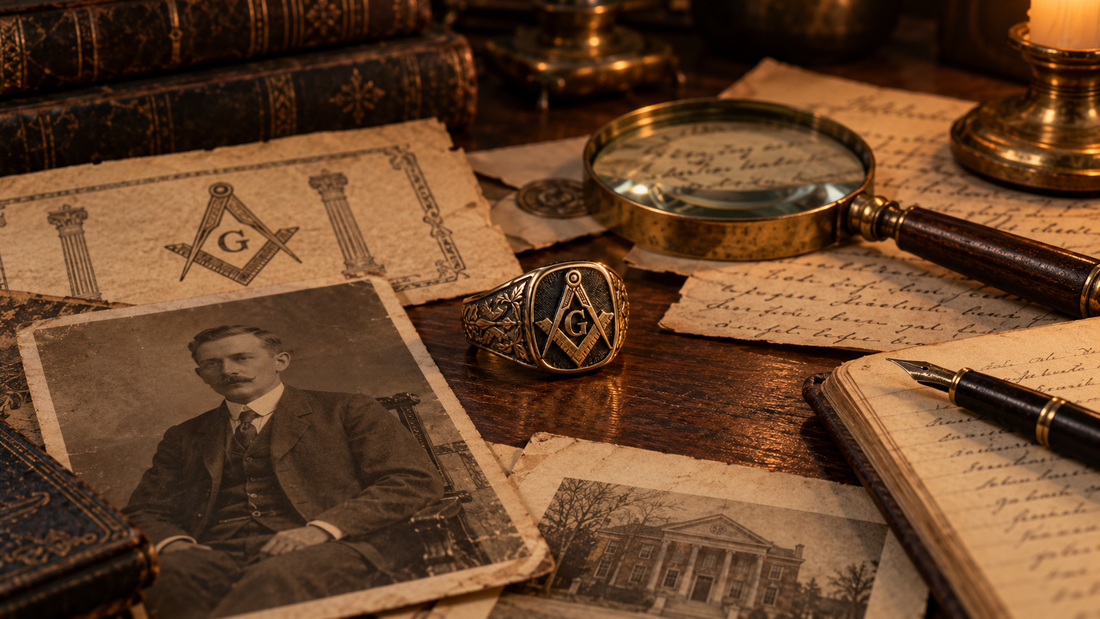 Masonic ring with old portrait, lodge papers, handwritten notes and magnifying glass for family history research