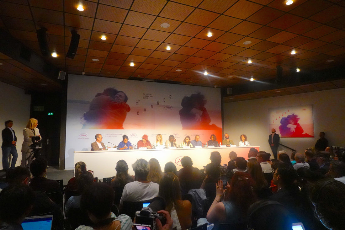 A wide shot of the 2025 Cannes Film Festival jury press conference, including Halle Berry.