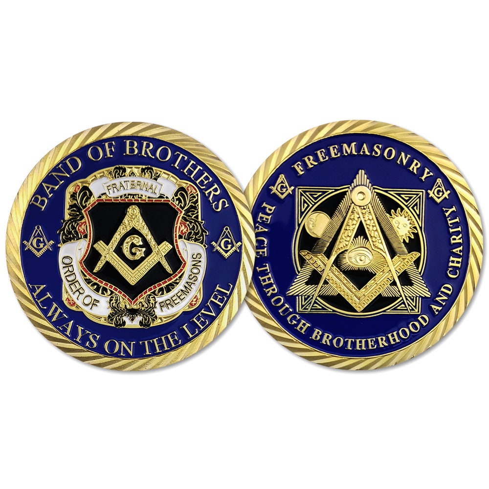 Independent Masonic brotherhood collectible challenge coin, shown as a product illustration, not official California Grand Lodge event merchandise.