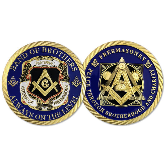 Independent Masonic brotherhood collectible challenge coin, shown as a product illustration, not official California Grand Lodge event merchandise.