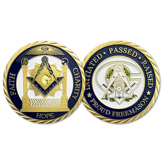 Square and Compasses Masonic challenge coin illustrating a guide about Catholicism and Freemasonry