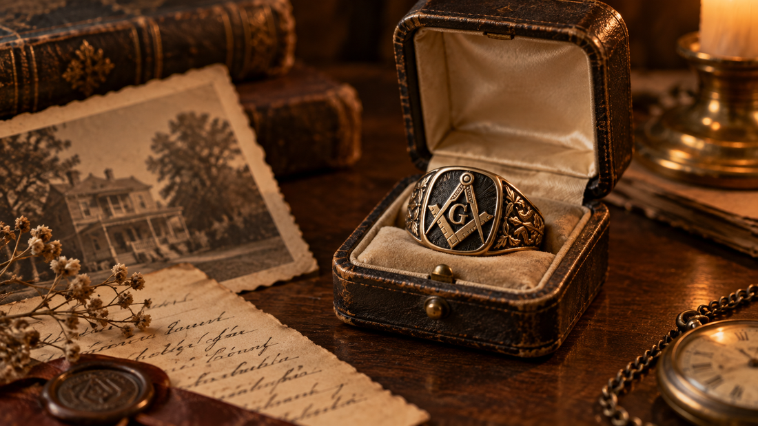 Inherited Masonic ring in an antique box beside an old family photograph and handwritten letter
