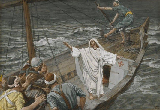 James Tissot's public-domain image of Jesus stilling the tempest; wide faith-and-recovery hero.