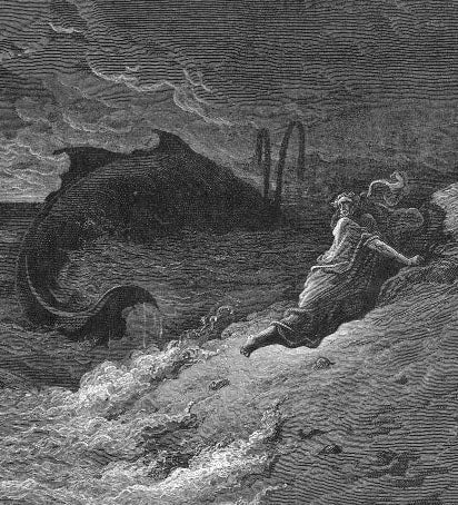 Gustave Dore illustration of Jonah and the great fish from the biblical story