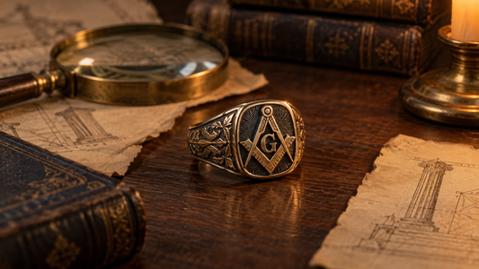 Antique Masonic ring with Square and Compasses beside a magnifying glass and old papers