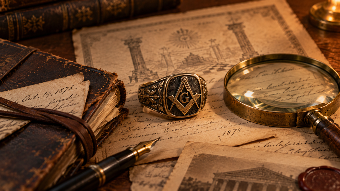 Masonic ring on old archival papers beside a magnifying glass and handwritten records