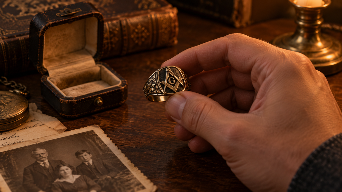 Hand holding an inherited Masonic ring beside an old ring box and family photograph