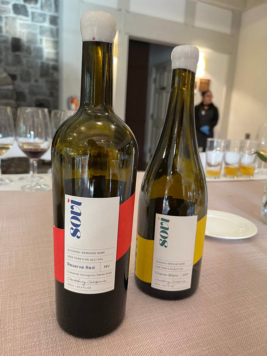 Bottles of Sovi alcohol-removed red blend and chenin blanc photographed in California in 2023. Photo by Sarah Stierch, CC BY 4.0.