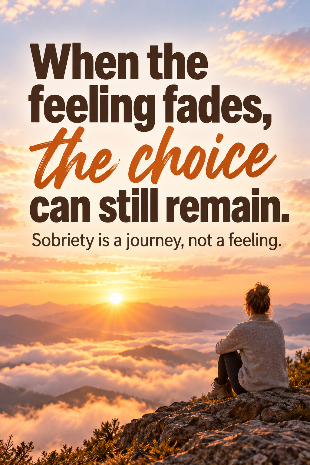 When the feeling fades, the choice can still remain — sobriety recovery quote over a sunrise mountain view.