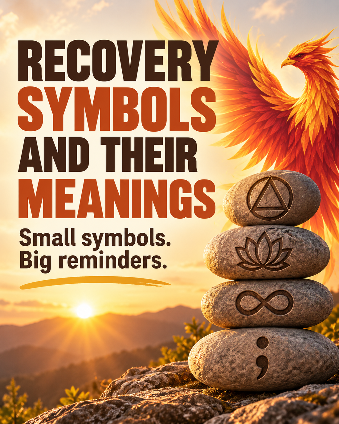 Recovery symbols and meanings with a hopeful sunrise background.