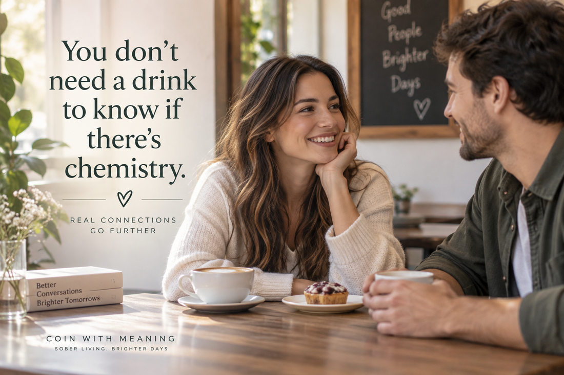 You do not need a drink to know if there is chemistry — sober dating quote image showing two adults connecting over coffee.