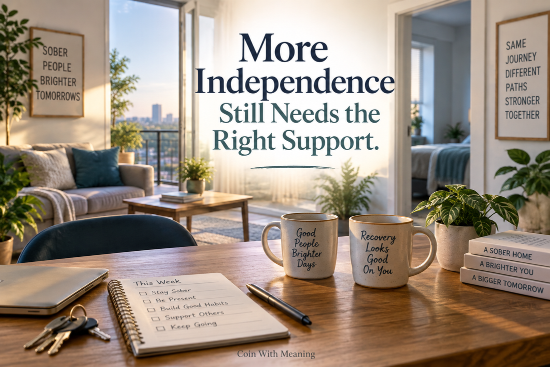 A calm apartment-style sober living space with the quote More independence still needs the right support.