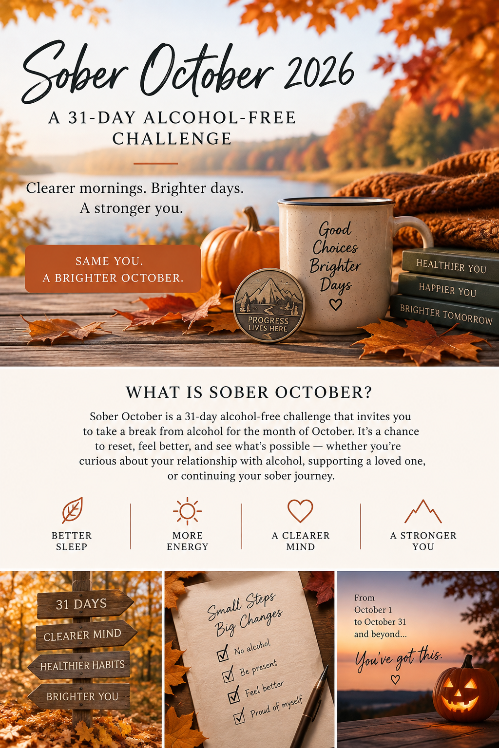 Sober October 2026 31-day alcohol-free challenge with warm autumn leaves, pumpkins, a mug, and recovery milestone imagery