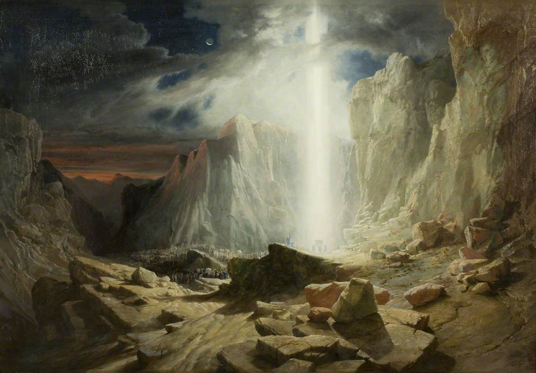 The Israelites traveling through the wilderness, guided by the pillar of light in the Exodus story