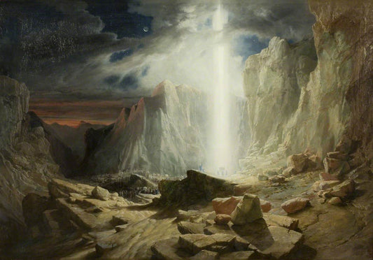 The Israelites traveling through the wilderness, guided by the pillar of light in the Exodus story