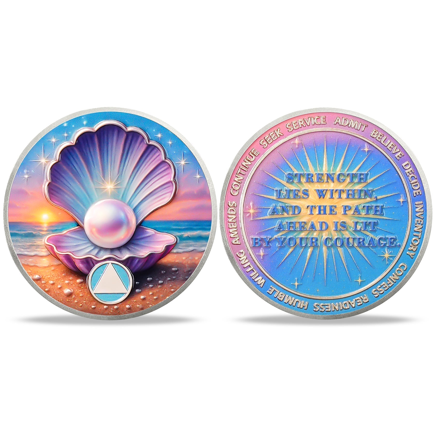 Personalize Purple Shell Pearl Sobriety Coins mysite