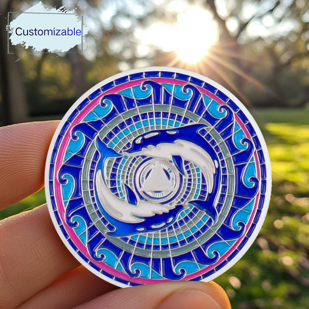Personalized  Silver Dolphin Lotus Sobriety Coins mysite