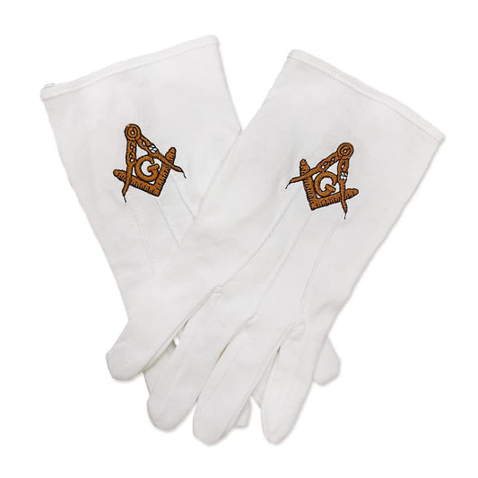 Gold Square & Compass Hand Embroidered Masonic Cotton Gloves mysite