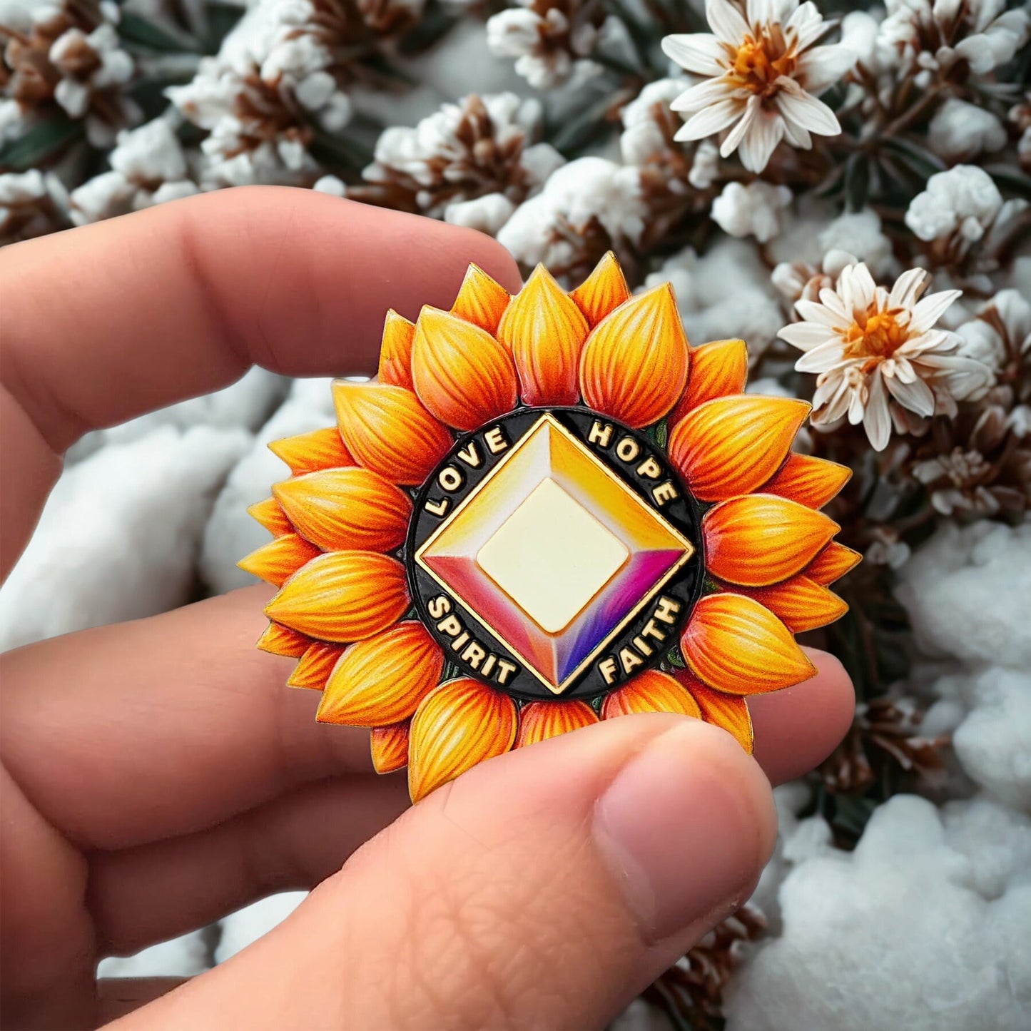 Personalized Sunflower Recovery Medallion Sobriety Coin with Serenity Message Love, Hope, Spirit & Faith Token Just for Today mysite