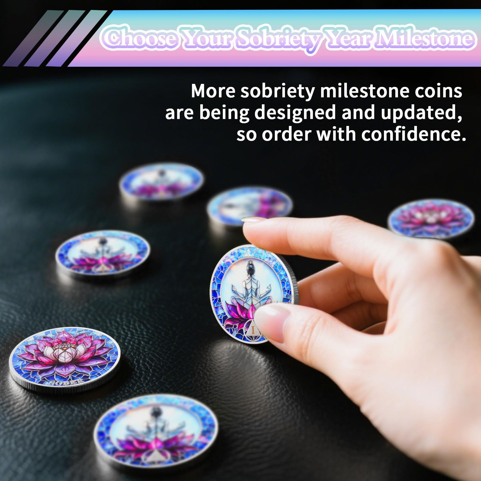 Meditation on the Lotus 1 Year Sobriety Coin - Rebirth & Calm AA Coin, Stained Glass Style Recovery Chip to Celebrate Alcohol Free Anniversary, Clean Living Sobriety Gifts for Women YRCKUDZKG