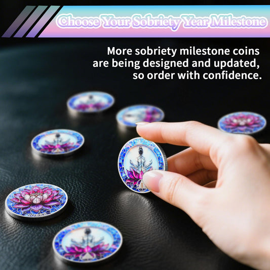 Meditation on the Lotus 1 Year Sobriety Coin - Rebirth & Calm AA Coin, Stained Glass Style Recovery Chip to Celebrate Alcohol Free Anniversary, Clean Living Sobriety Gifts for Women YRCKUDZKG