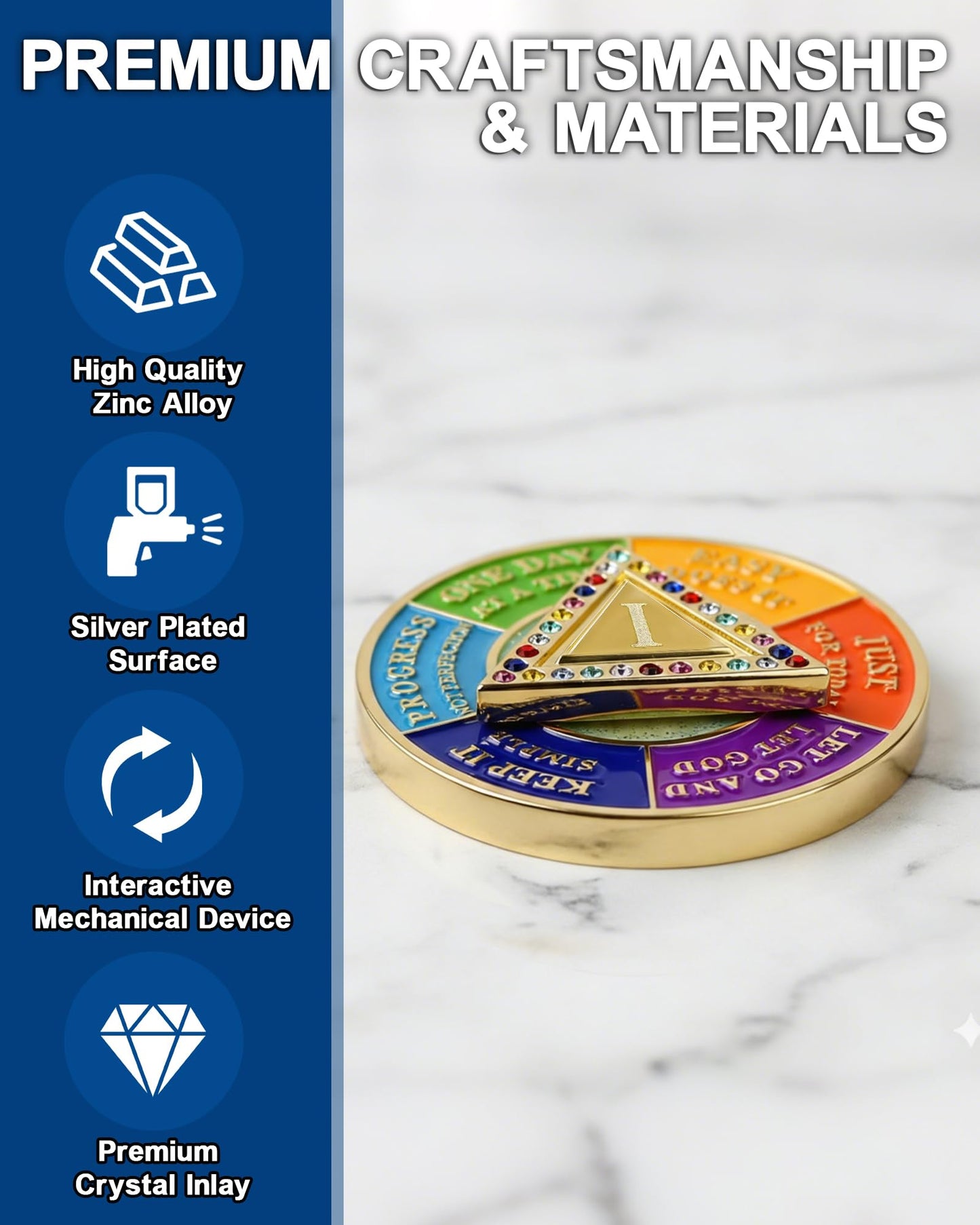 1 Year Sobriety Coin with Rotating Triangle, AA Medallion with Colorful Crystals, Alcoholics Anonymous Sobriety Gifts for Men Women, Serenity Prayer & Mindfulness Spinner Token YRCKUDZKG