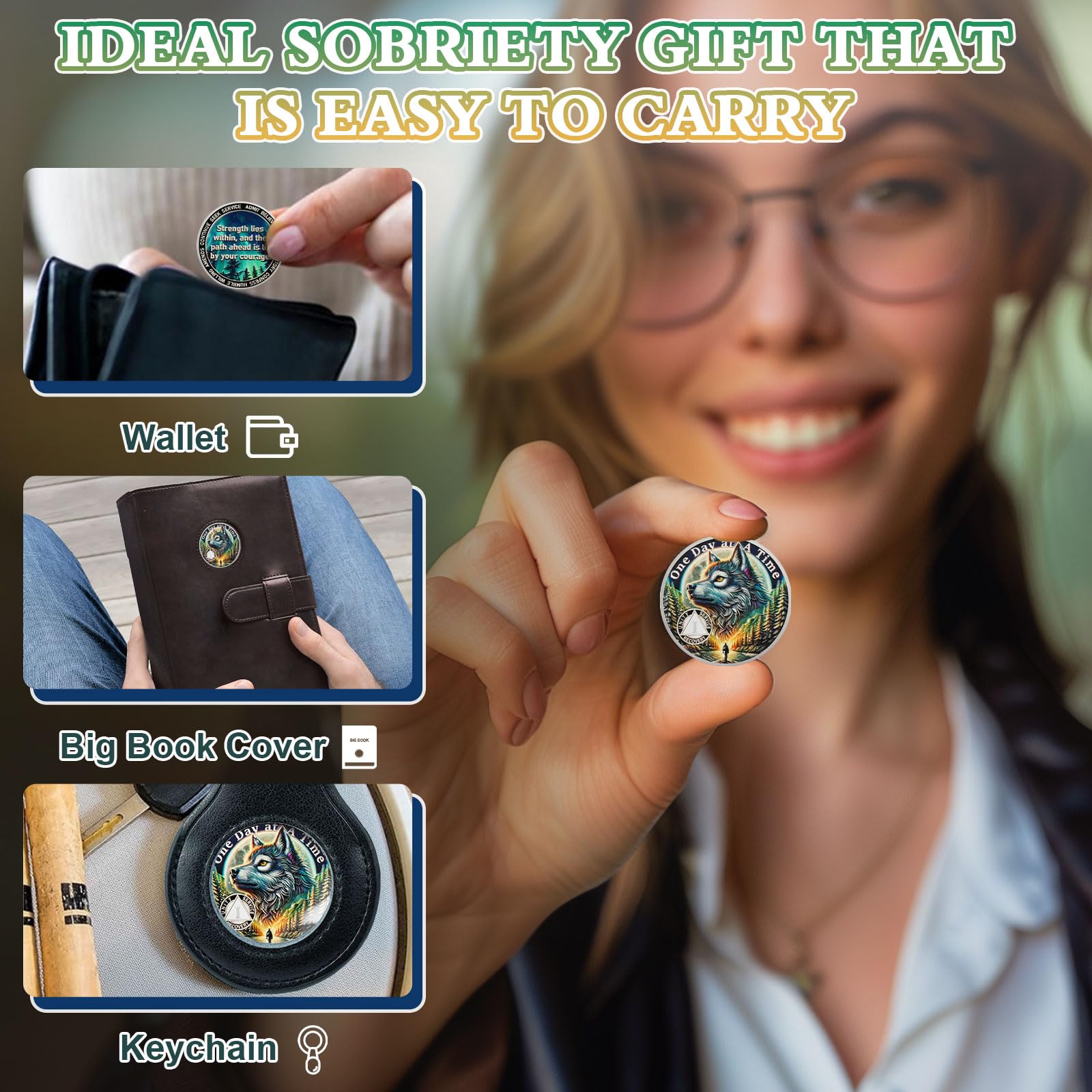 YRCKUDZKG Brave Wolf 1 Year Sobriety Coin - One Day at a Time AA Coin, Alcohol Free One Year Recovery Chip with Token Capsule, Inspirational Sobriety Gifts for Men & Women YRCKUDZKG