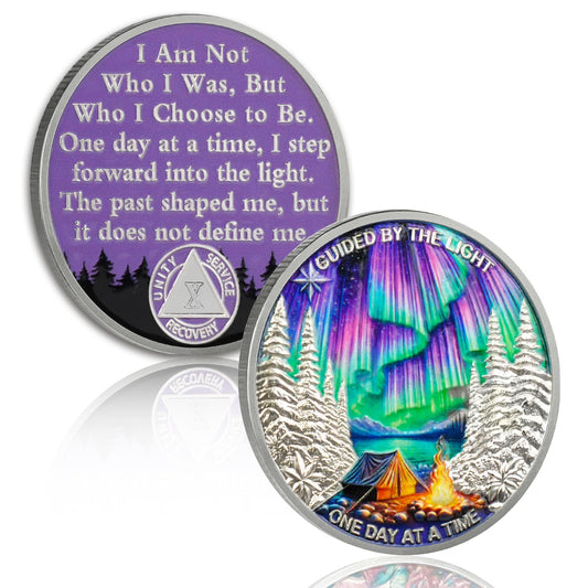 YRCKUDZKG Guided by Northern Lights 10 Year Sobriety Coin - One Day at a Time AA Coin, Alcohol Free Ten Year Recovery Chip with Token Capsule, Sobriety Gifts for Men Women YRCKUDZKG
