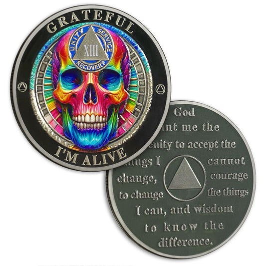 Rainbow Skull 13 Year Sobriety Coin, Grateful I'm Alive AA Coin - Clean AA Chips and Medallion - Thirteen Years Sober Medal with Serenity Prayer, Sobriety Gifts for Men Women YRCKUDZKG