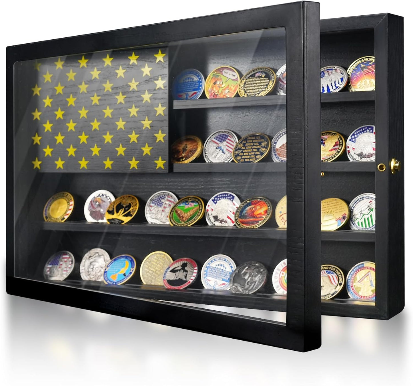 Anti-Fade Acrylic Door / Wooden Wall Mounted Coin Display Stand with Magnetic American Flag Holds 64-73 Coins mysite