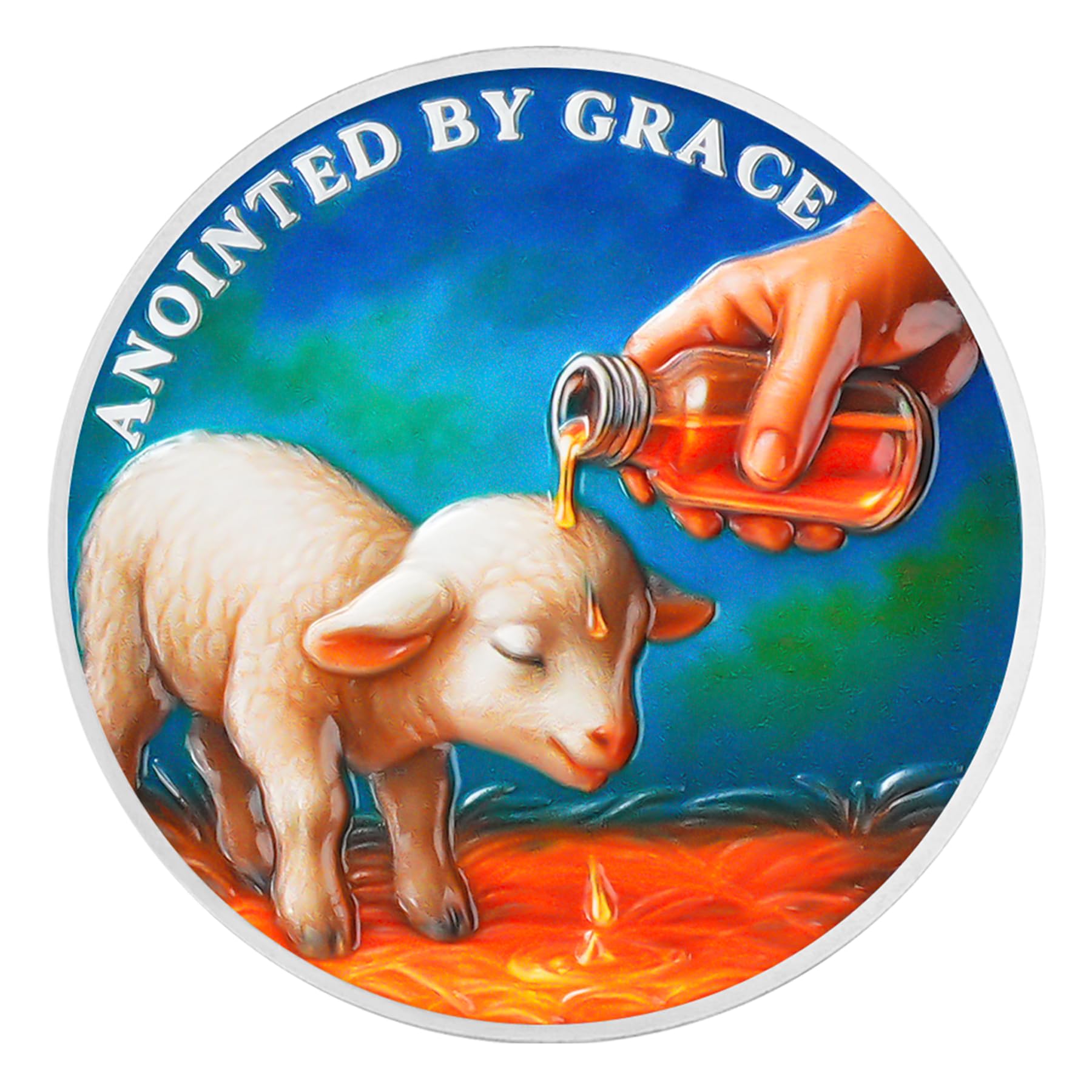 Christian Challenge Coin with Sheep Being Smeared Oil Balm mysite